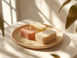 A creative mockup of three bar soaps arranged on a cheese platter, designed to highlight their soft textures and natural appeal.