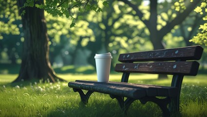 Fototapeta premium White Paper Cup with Lid on Park Bench in Nature 