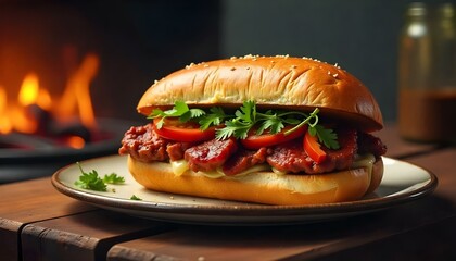 A close up of a delicious choripán sandwich, featuring a golden crusty roll filled with sausage