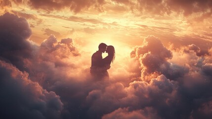 Obraz premium A couple stands close, sharing a kiss as the sun sets, creating a warm glow that bathes the clouds in shades of orange and gold. The moment is intimate and serene, capturing love in nature