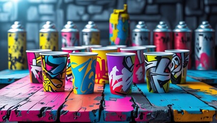Fototapeta premium Graffiti-Inspired Paper Cups on Urban Table Setup 