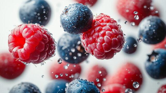 Assorted Fresh Berries with Water Droplets on White