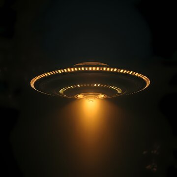 Brightly lit UFO hovering in the night sky . Generative artificial intelligence