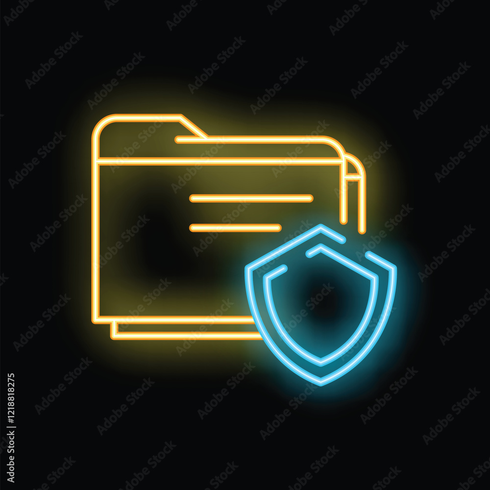 Aufkleber bright neon icon of a file folder being protected by a blue shield, representing data security
