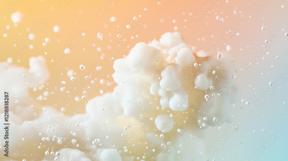 Poster bubbles emerge and float in a gentle foam, creating a tranquil atmosphere against a soft pastel back