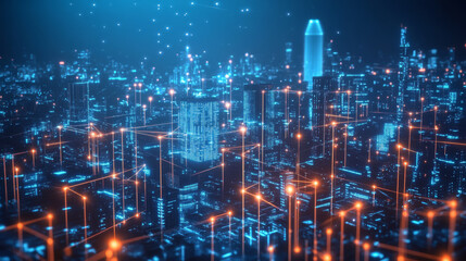 Futuristic cityscape with neon lights and skyscrapers.