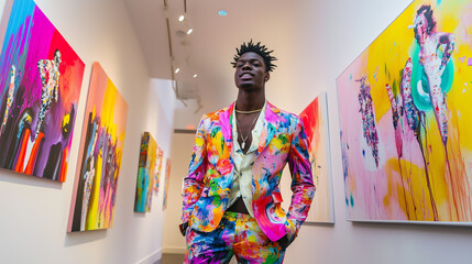 A man wearing a bold suit with abstract art prints, posing in an art gallery surrounded by colorful installations