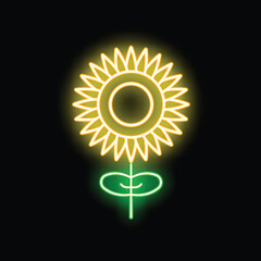 Bright neon sunflower with green stem and leaves glowing on black background