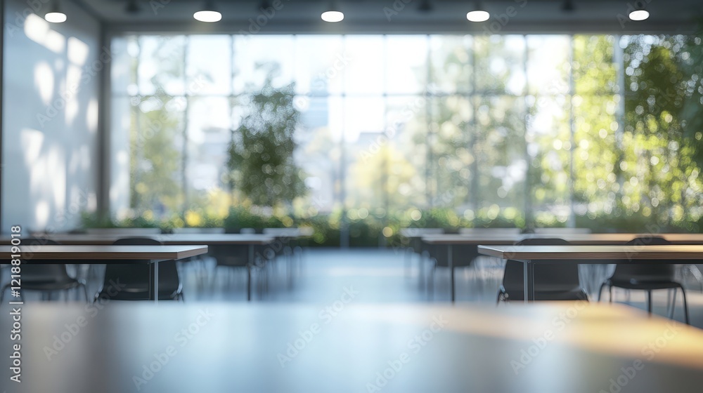 Poster blurred background of a spacious classroom with natural light and greenery surrounding empty tables 