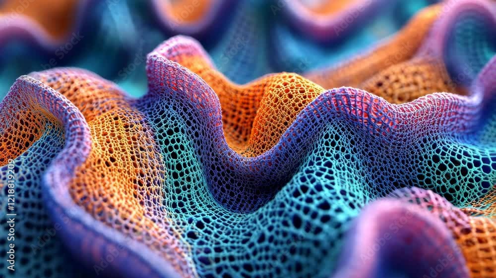 Poster textured fabric showcasing vibrant colors and intricate patterns under close-up view in soft lightin