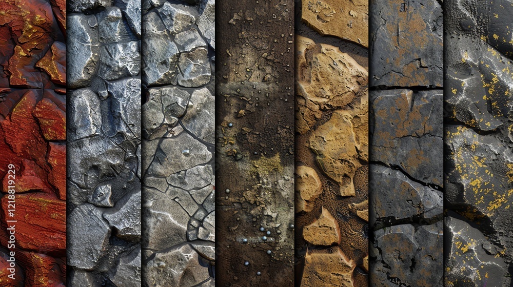 Poster a collection of six different rock textures in a variety of colors and patterns, showcasing the natu