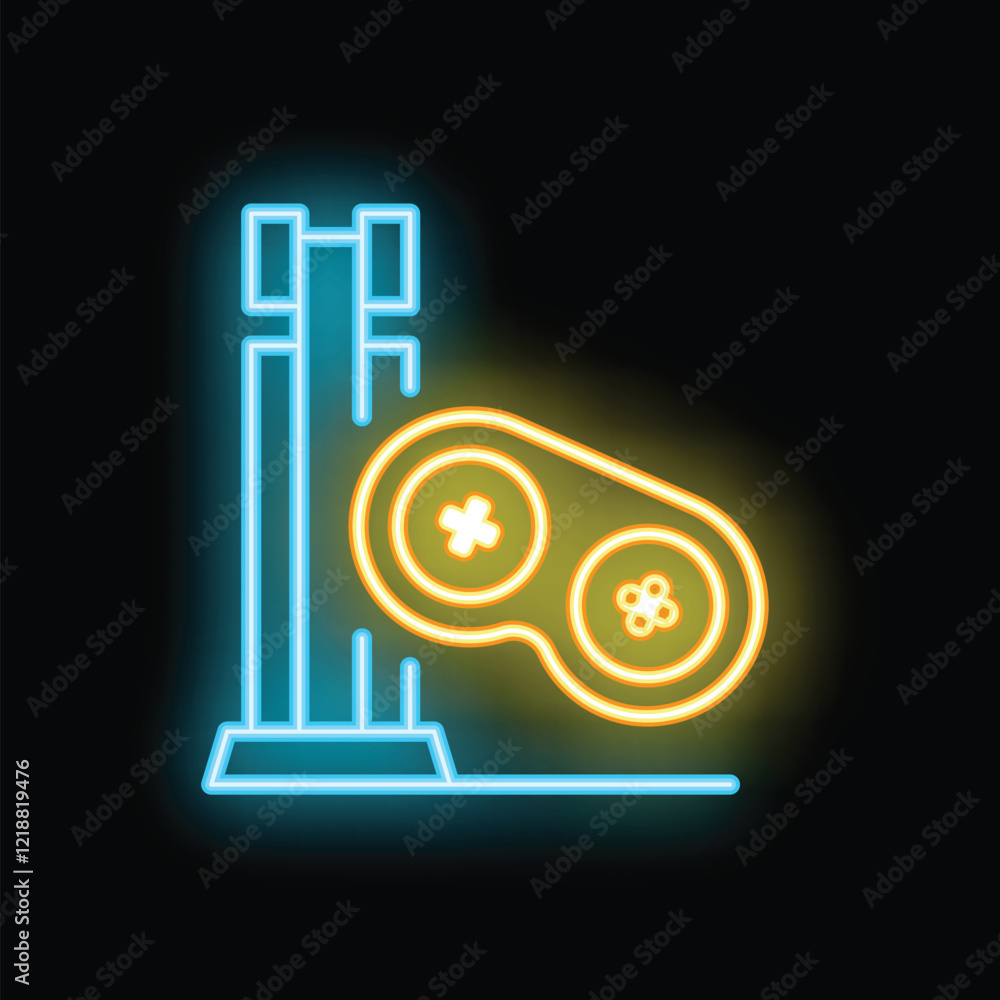 Poster neon sign showing a gaming setup, illuminating a game controller and a monitor