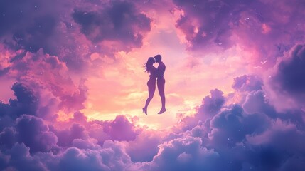 Fototapeta premium Two figures are embracing in mid-air, surrounded by vibrant clouds in shades of purple and orange. The backdrop of a colorful sunset enhances the romantic atmosphere