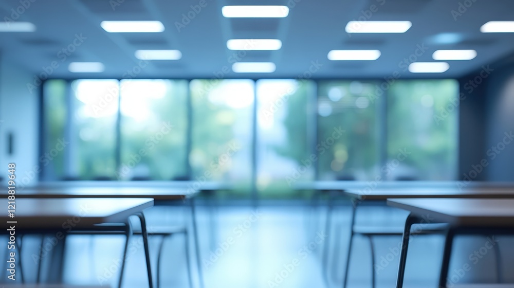 Poster blurred background of a large classroom setting with desks and natural light streaming through windo