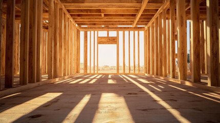 Interior View of Wooden Building Structure with Sunlight