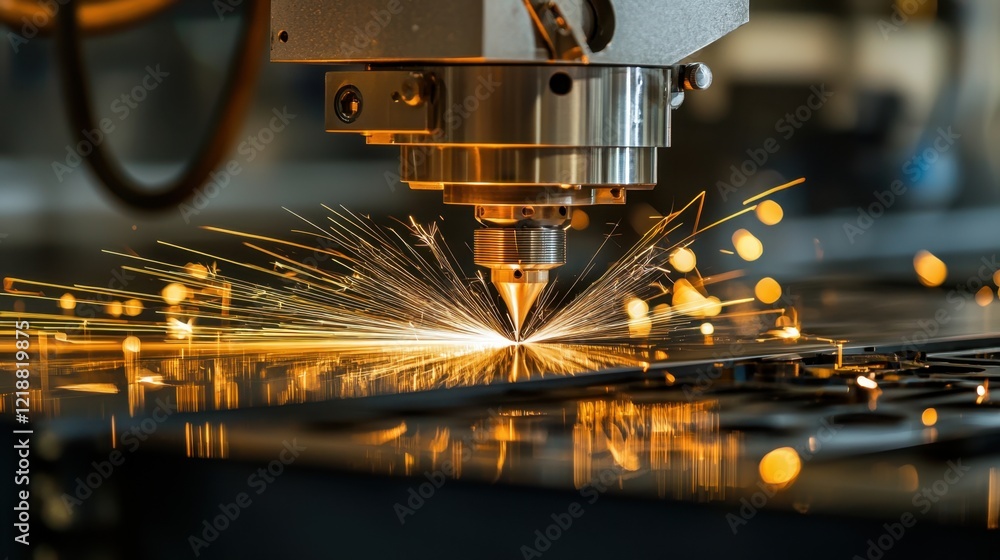 Poster a high-tech laser cutting machine operates in a manufacturing environment, creating bright sparks as