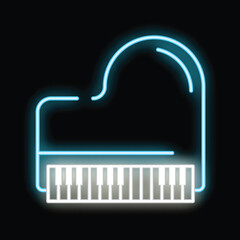 Blue neon sign depicting a grand piano with keyboard on a black background