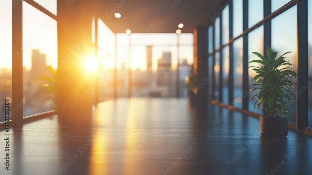 Poster clean and simple office space with blurred background and natural light from large windows at sunset
