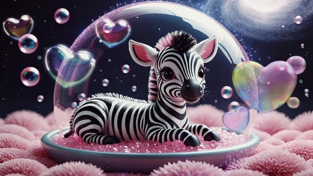 Adorable baby zebra resting inside a magical bubble dome, surrounded by pink hearts and bubbles. Perfect for children's books, websites, or greeting cards.