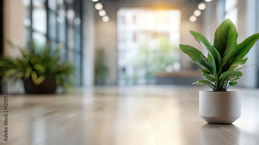 Poster clean and simple office with blurred background and empty space featuring a green plant in a white p