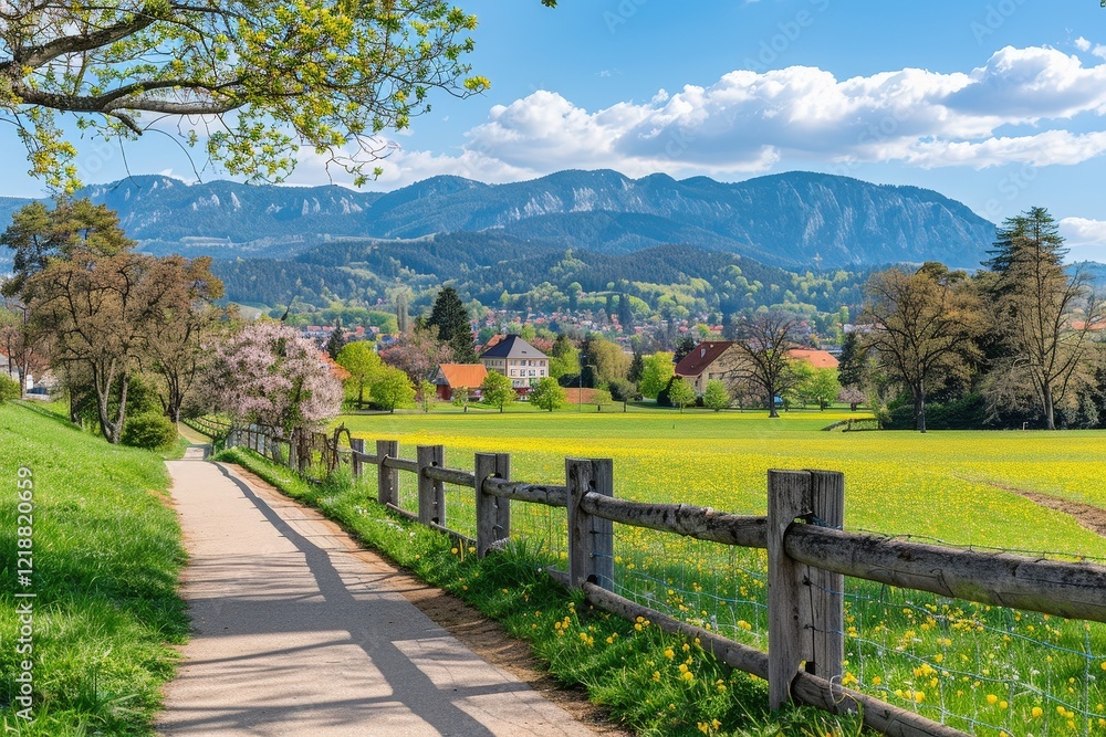 Poster a scenic path winds through lush fields and trees, with mountains in the background under a bright b
