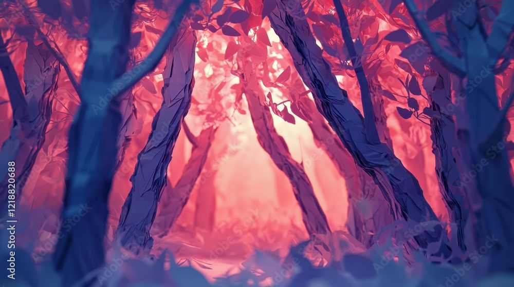 Poster a vibrant forest filled with tall trees and colorful foliage glows with soft light during dusk, crea