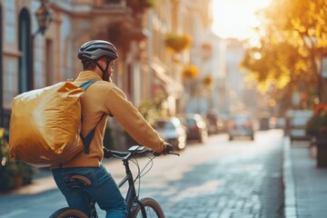 Bicycle courier with a yellow thermal backpack navigating a cobblestone street, delivering food during the enchanting golden hour in an urban cityscape filled with autumn leaves