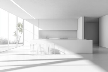 Sleek Minimalist Monochromatic Kitchen Design Polished and Stylish Linear Elegance Modern White Kitchen Interior with Clean Lines, Bright Sunlight, and Minimalist Decor Perfect for Contemporary Home