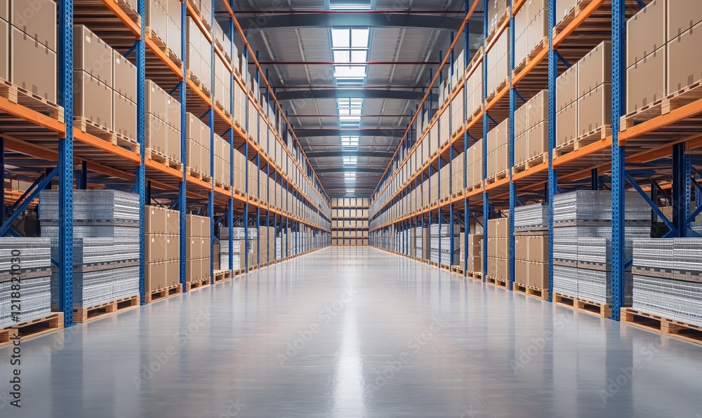 Poster spacious, organized warehouse featuring tall industrial shelves fully stocked with boxes and pallets