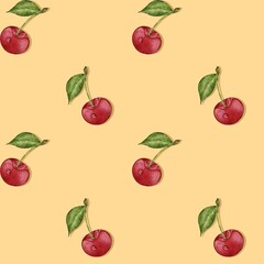 Cherry pattern for fabric design, cherry wallpaper, berry print, berry seamless pattern, yellow background, watercolor