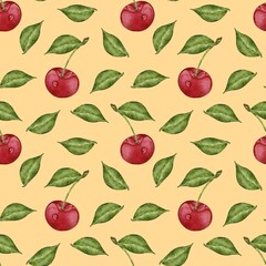 Cherry pattern for fabric design, cherry wallpaper, berry print, berry seamless pattern, yellow background, watercolor