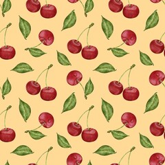 Cherry pattern for fabric design, cherry wallpaper, berry print, berry seamless pattern, yellow background, watercolor