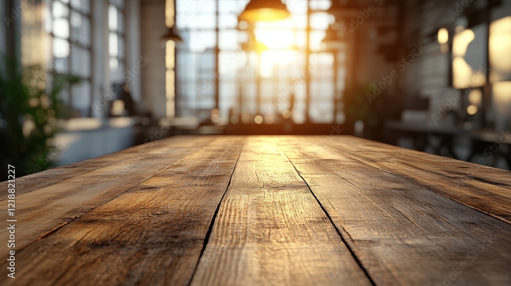 Poster close-up of a wooden tabletop with sunlight streaming in through large windows, creating a warm and 