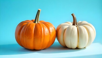 Two bright orange pumpkins and a smooth white pumpkin on a light gray textured background