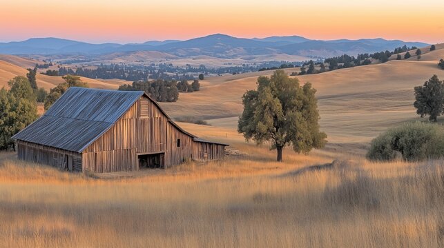 Sunny countryside with rolling hills and a classic barn - generated AI