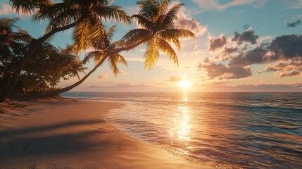 Golden sunlight reflects on gentle ocean waves as palm trees lean towards the shore at a tranquil beach during sunset. The sky is painted in vibrant hues