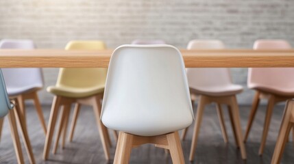 A modern dining setup featuring colorful chairs arranged around a wooden table, set against a light brick background.