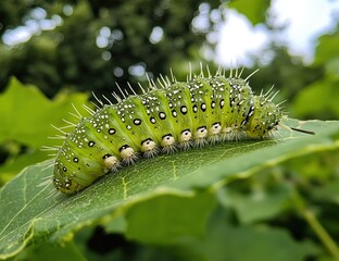 Naklejka premium Green Caterpillar Crawls on Leaf, Nature's Tiny Wonder, Close-Up View of Insect