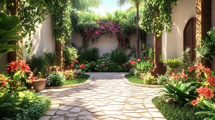 Sunny courtyard with a stone path and blooming flowers - generated AI
