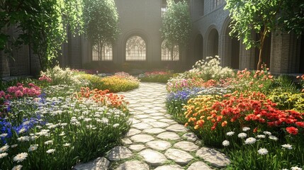 Sunny courtyard with a stone path and blooming flowers - generated AI