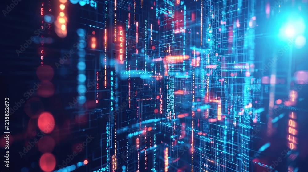 Poster glowing lines of data stream through a dark background, showcasing vibrant colors. binary numbers ar