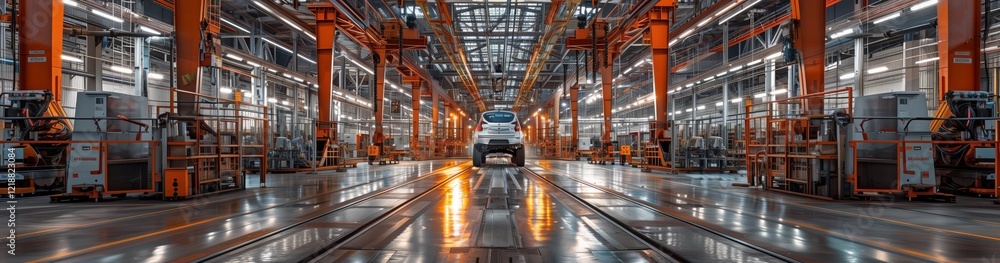 Poster high-tech automotive production line showcasing state-of-the-art machinery and robotics in a modern 