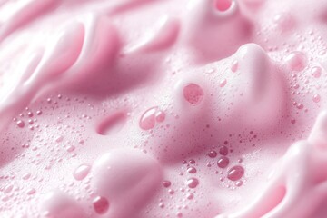 High-resolution image capturing the delicate texture of a pink, foamy creamy cosmetic product with visible bubbles and a frothy consistency, perfect for beauty and skincare concepts. 