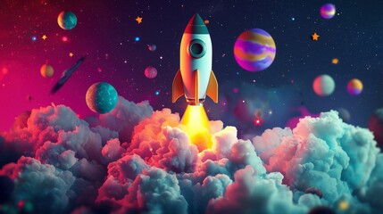 Rocket Launching into Space Surrounded by Colorful Planets and Stars