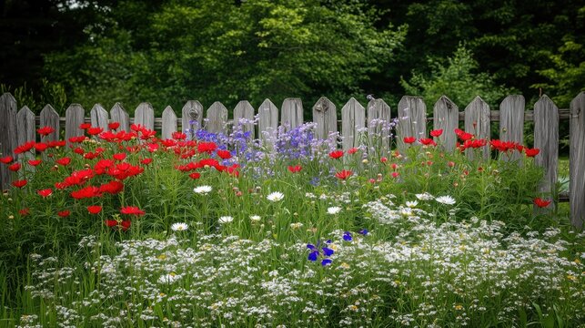 Sunny field of wildflowers with a rustic wooden fence - generated AI