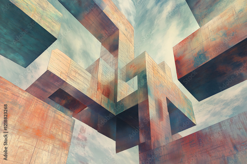 Poster Complex 3D-like cubes and forms in perspective