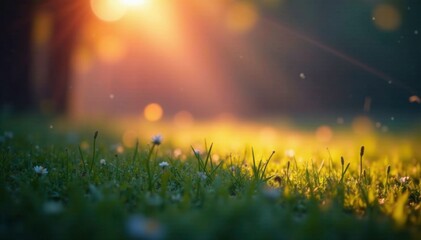 Obraz premium Grassy area bathed in warm multicolored light, fractured beam, soft focus, colored illumination