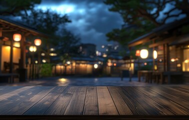 Empty wooden table top with a blurred background of an outdoor Japanese restaurant at night, suitable for product display, food, 