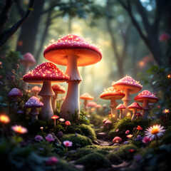 Enchanting Glow of Magical Mushrooms in a Mystical Forest Environment Filled with Wonder