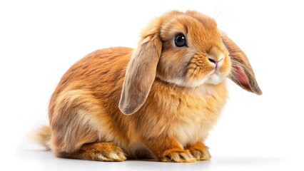 Adorable white Satin Mini Lop rabbit, side profile, fluffy fur, small breed.